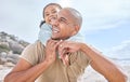 Happy family hug, beach and dad and child having fun, bonding and enjoy quality outdoor time together on Mexico vacation Royalty Free Stock Photo