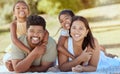 Happy family, hug and portrait smile for relax, quality bonding time or summer vacation together in the outdoors. Mother Royalty Free Stock Photo