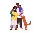 Happy family hugging. African-American mother, father, kids and dog. Black people, mom, dad, baby, child and pet Royalty Free Stock Photo