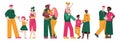 Happy family hugging together flat cartoon vector illustration isolated.