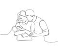 Happy family, husband, wife and child one line art. Continuous line drawing of newborn, motherhood, family, love, mutual