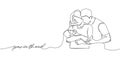 Happy family, husband, wife and child one line art with an inscription parenthood. Continuous line drawing of newborn