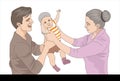 Happy family iconcept. Happy mother and father with his little son, Cute baby with parents on white background. flat style, vector