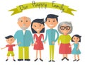 Happy family illustration. Father, mother, grandparents, son and dauther portrait with banner. Royalty Free Stock Photo