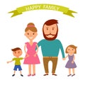 Happy family illustration. Father, mother, son and dauther portrait with banner Royalty Free Stock Photo