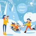 Happy family illustration with kids sledding, father riding, mother recording with video camera in winter day scene. Snowdrifts an