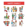 Happy family illustration, thin line icons, linear flat signs, vector symbols Royalty Free Stock Photo