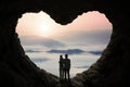 Happy family inside cave shaped heart symbol