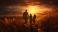 Happy family jumping in differnt poses, from the back , mother, father, children son and daughter on sunset. Harvest , Royalty Free Stock Photo