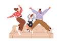 Happy family jumping. Excited joyful parents and kid celebrating together. Funny mom, dad and girl child having fun Royalty Free Stock Photo