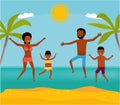 Happy family jumping together on the beach. Cartoon vector illustration. Sea tour. African american family. Flat cartoon Royalty Free Stock Photo