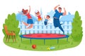 Happy family jumping on trampoline. Mother and father bounce together with children. Parents spending time with kids and Royalty Free Stock Photo