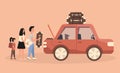 Happy family with kid packing car for vacation road trip. Travel concept. Family next to a car with luggage.