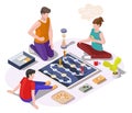 Happy family with kid playing board game sitting on the floor, vector isometric illustration. Home leisure activities. Royalty Free Stock Photo