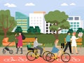 Happy family with kid riding bicycle, couple, mom with baby pram walk in city park, vector illustration. Family leisure. Royalty Free Stock Photo