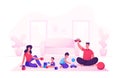 Happy Family with Kids Leisure Time in Evening or Weekend. Father and Mother Playing Toys with Children Sitting on Floor Royalty Free Stock Photo