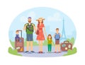 Happy Family with Kids Traveling, Mother, Father and Children Characters with Luggage and Photo Camera Visiting France