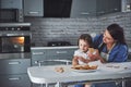 Happy family in the kitchen. Holiday food concept. Mother and daughter decorate cookies. Happy family in making homemade Royalty Free Stock Photo