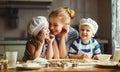 Happy family in kitchen. mother and children preparing dough, ba Royalty Free Stock Photo