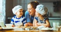 Happy family in kitchen. mother and children preparing dough, ba Royalty Free Stock Photo