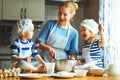 Happy family in kitchen. mother and children preparing dough, ba Royalty Free Stock Photo