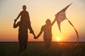 Happy family with kite in the field at sunset Royalty Free Stock Photo