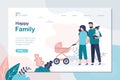 Happy family landing page template. Parents with daughter and baby stroller. Childhood concept web banner Royalty Free Stock Photo