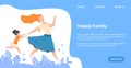 Happy family landing page. Web site with young woman and little girl. Events for spending time with children, weekend