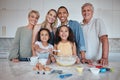 Happy family, learning cooking and portrait in kitchen in family home for love, support and teaching children breakfast Royalty Free Stock Photo