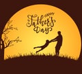 Happy Family and Lettering Fathers Day on Orange Moon Background