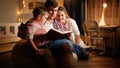 Happy family with little boy reading book at night before going to sleep. Concept of child education and family having Royalty Free Stock Photo