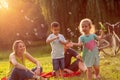 Happy family with children blow soap bubbles in park Royalty Free Stock Photo