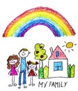 Happy family with little children. Mother and father with kids. Brother and sister with parents. My family with house and rainbow Royalty Free Stock Photo