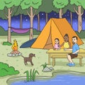 happy family looking at campfire in front of tent illustration
