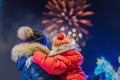 Happy family looking fireworks in the evening sky. fireworks new year, christmas Royalty Free Stock Photo