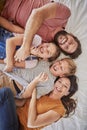 Happy family, love and relax in bed with children and parents laughing, bond and resting in their home together. Parents Royalty Free Stock Photo