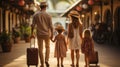 Happy family with luggage at the train station. Traveling with children concept