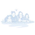 Happy family is lying on the grass. Parents spend time with children. Hand drawn style, monochrome vector illustrations. Royalty Free Stock Photo