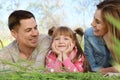 Happy family lying on green grass in park Royalty Free Stock Photo