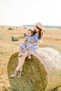 Happy family, mother and little daughter sitting on hay stack or bale in yellow wheat field in sunny summer day. Mommy Royalty Free Stock Photo