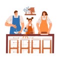 A happy family is making a video for a food blog. Mom, dad and daughter cook food in the kitchen together. Vector illustration in