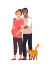 Happy family. Man and pregnant woman hugging, multiethnic couple smiling, cute wife and husband standing with cat Royalty Free Stock Photo