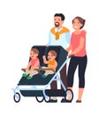 Happy family. Man and a woman with baby carriage, little twins walking with parents, mom and dad with boy and girl kids Royalty Free Stock Photo