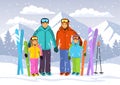 Happy family , Man, woman, boy, girl skiiing in snow mountains