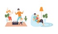 Happy Family with Man and Woman Parent with Kid Spending Good Time Together Dancing to Music and Reading Book Vector Set Royalty Free Stock Photo