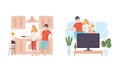 Happy Family with Man and Woman Parent with Kid Spending Good Time Together Watching TV and Cooking Vector Set Royalty Free Stock Photo