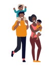 Happy family. Man and woman with twins, little kids walking with african americans parents, black mom and dad with boy Royalty Free Stock Photo