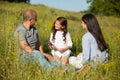 Happy family in a meadow in sunny day