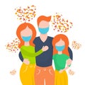 Happy family in medical masks surrounded by hearts, isolated on a white background. Vector illustration in flat style. Husband, Royalty Free Stock Photo