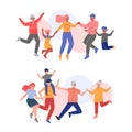 Happy Family Member Jumping with Joy Together and Holding Hands Vector Set Royalty Free Stock Photo